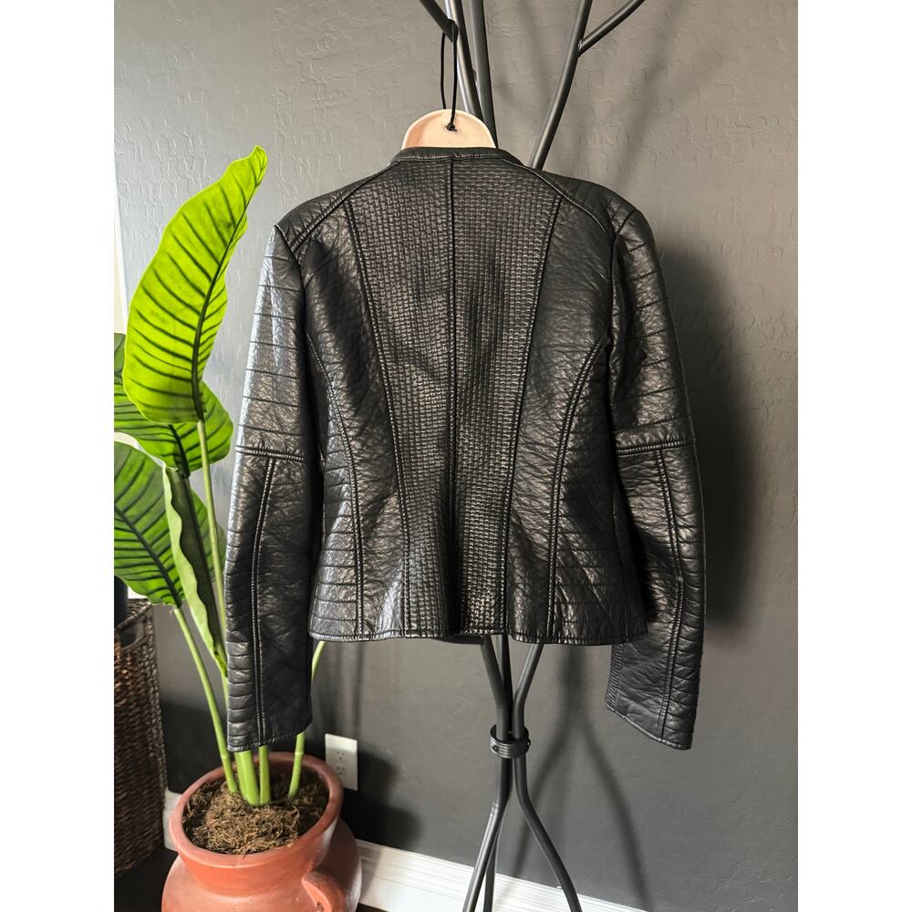 GUESS Black Textured Leather Moto Jacket 🕷️ Quilted Biker Zip Medium - Picture 4 of 8